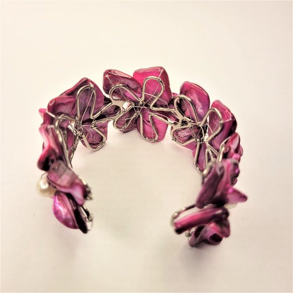 Purple Adjustable Cuff Bracelet with Pearl and Mother Of Pearl Shell Bangle -NEW - Picture 9 of 11